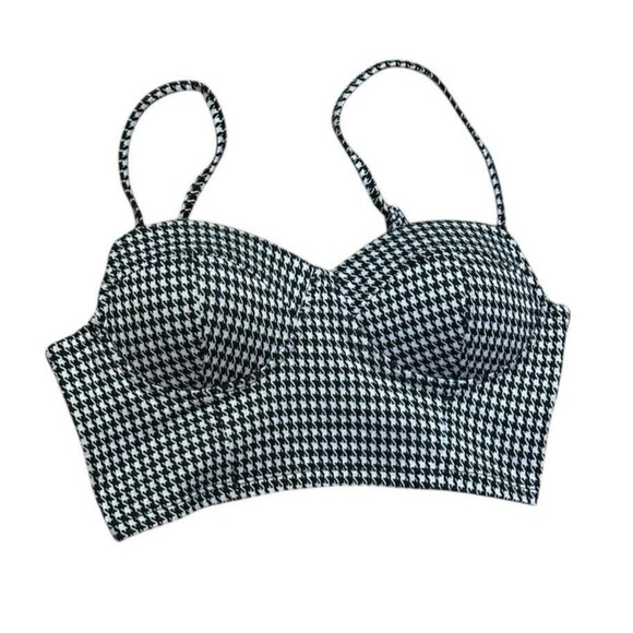 haute monde top L Bustier Black White houndstooth pattern crop strappy retro 90s - Picture 7 of 15